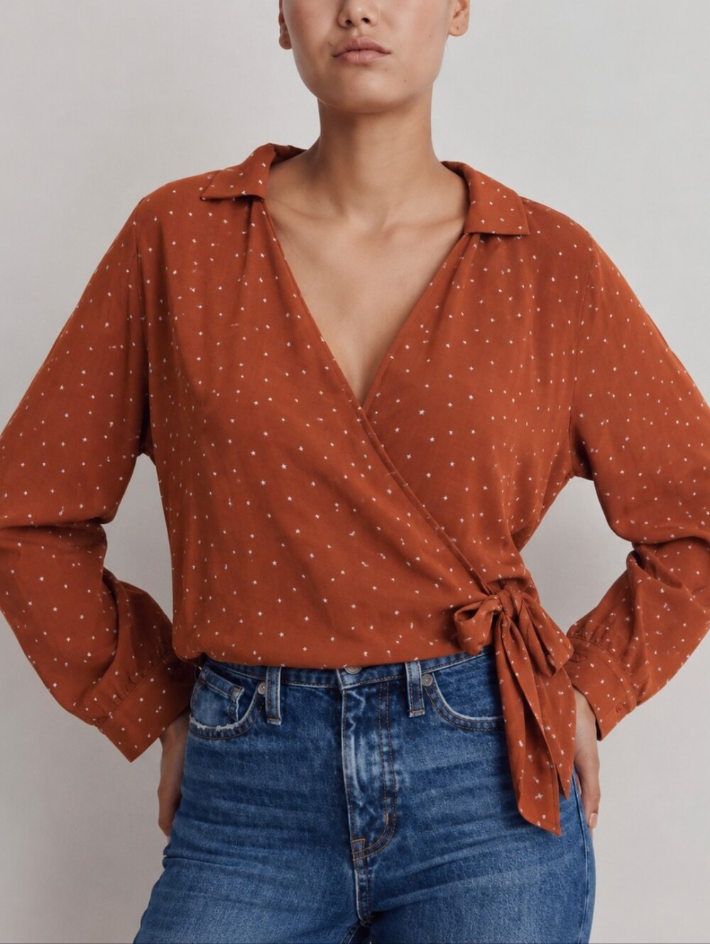 Hem & Thread Rust Star Print True Wrap Blouse Long Sleeve Tie Women's Large